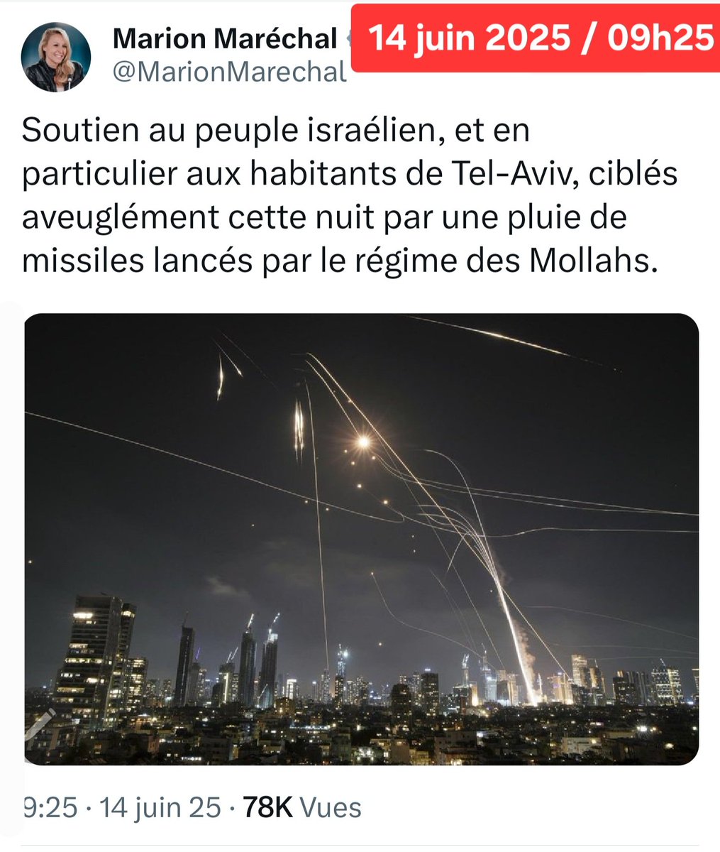 🤮CONTORSIONS
▪️13 juin
Marion Maréchal «ne soutient pas les frappes [israéliennes] qui peuvent avoir des répercussions mondiales»
▪️14 juin
Mais elle apporte son «soutien au peuple🇮🇱 ciblé aveuglément par une pluie de missiles [iraniens]»
Elle nie à l'Iran le droit de riposter.