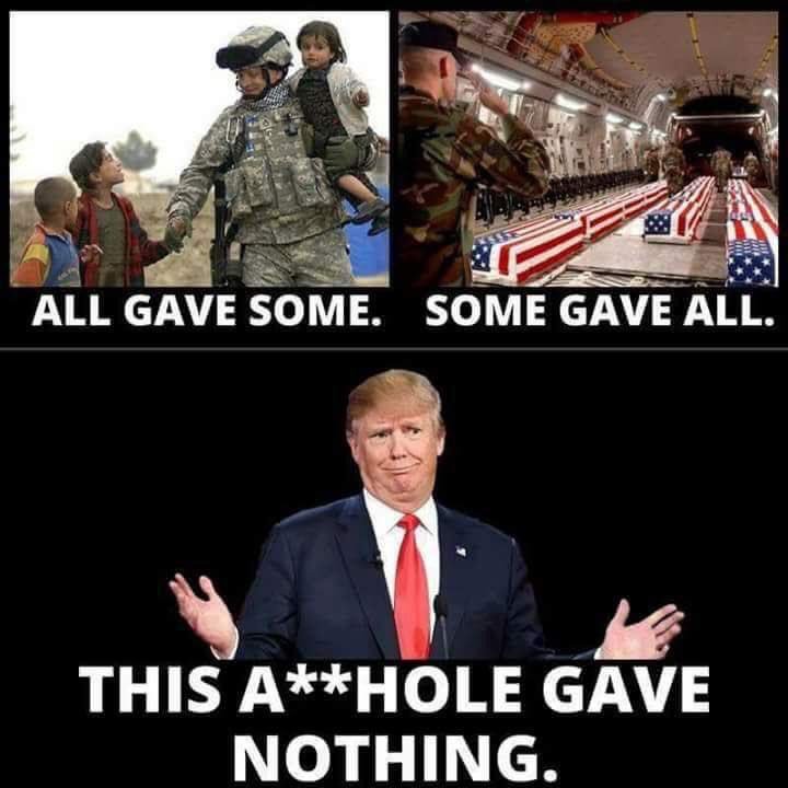 Remember this traitor, who never served his country one single day wants a dictator's military parade today! 

Who's with me? "Fuck Trump"! 🖕