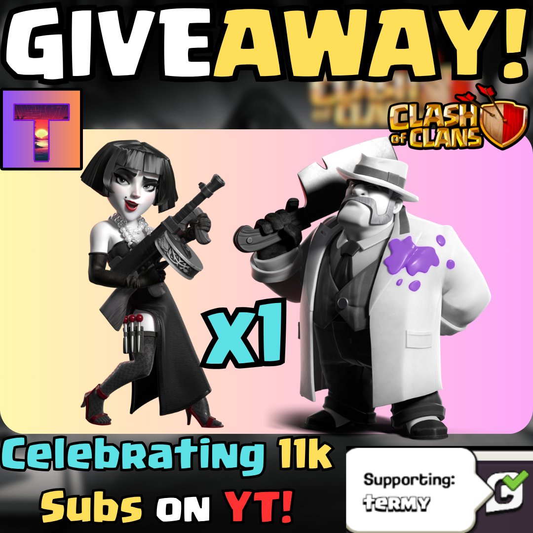 To Celebrate hitting 11k subs on YouTube, I'm giving away the Fatale Queen + Butcher King Skins to 1x Lucky Winner!

HOW TO ENTER: 
👍Like This Post
♻️Retweet
❤️Follow <a href="/Termynater_/">Termynater</a> 
➡️Join Discord and go to #giveaways tab! - discord.gg/f4jPVe2uvc

Ends in 2 days!
#ClashOfClans