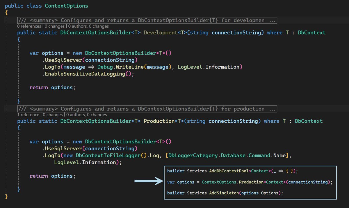 Configuring a DbContext in ASP.NET Core for development and production has been revised. The code from yesterday relied on using a DbContext in the same project. 

New code is in a class project using a constraint on "T"

github.com/karenpayneoreg…