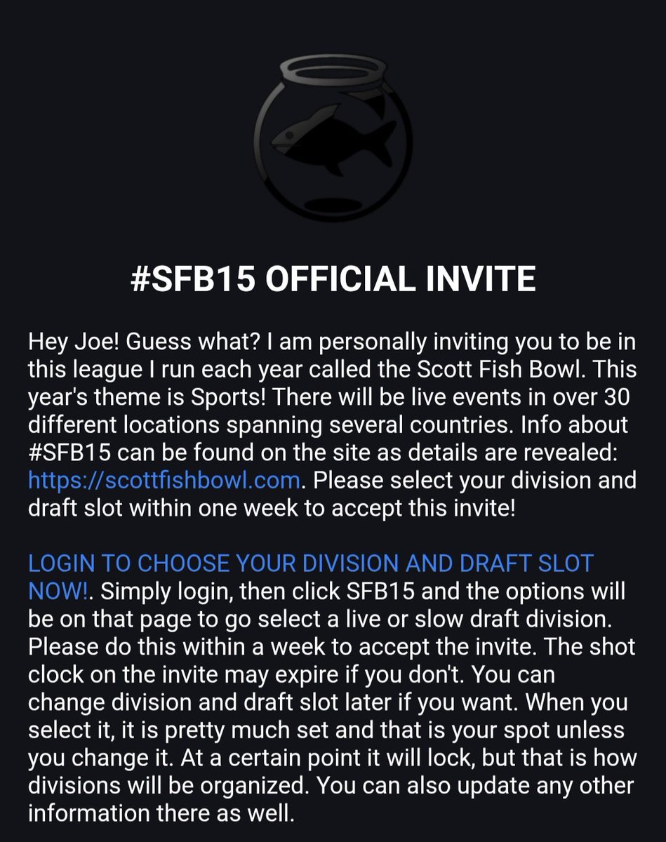 I'm honored to be participating in my 3rd #SFB15

Thanks to <a href="/ScottFish24/">Scott Fish</a>, <a href="/FantasyCaresOrg/">Fantasy Cares #fantasycares</a>, and everyone else involved for putting this together every year!
