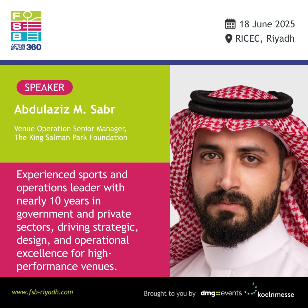 🚨We are excited to announce that Abdulaziz M. Sabr PMP® will be speaking at ActiveSpaces 360, hosted at FSB Sports Show Riyadh – the leading event for sports and recreational infrastructure in the Kingdom! 🏟️

Attend his session on Designing for high-performance operations in