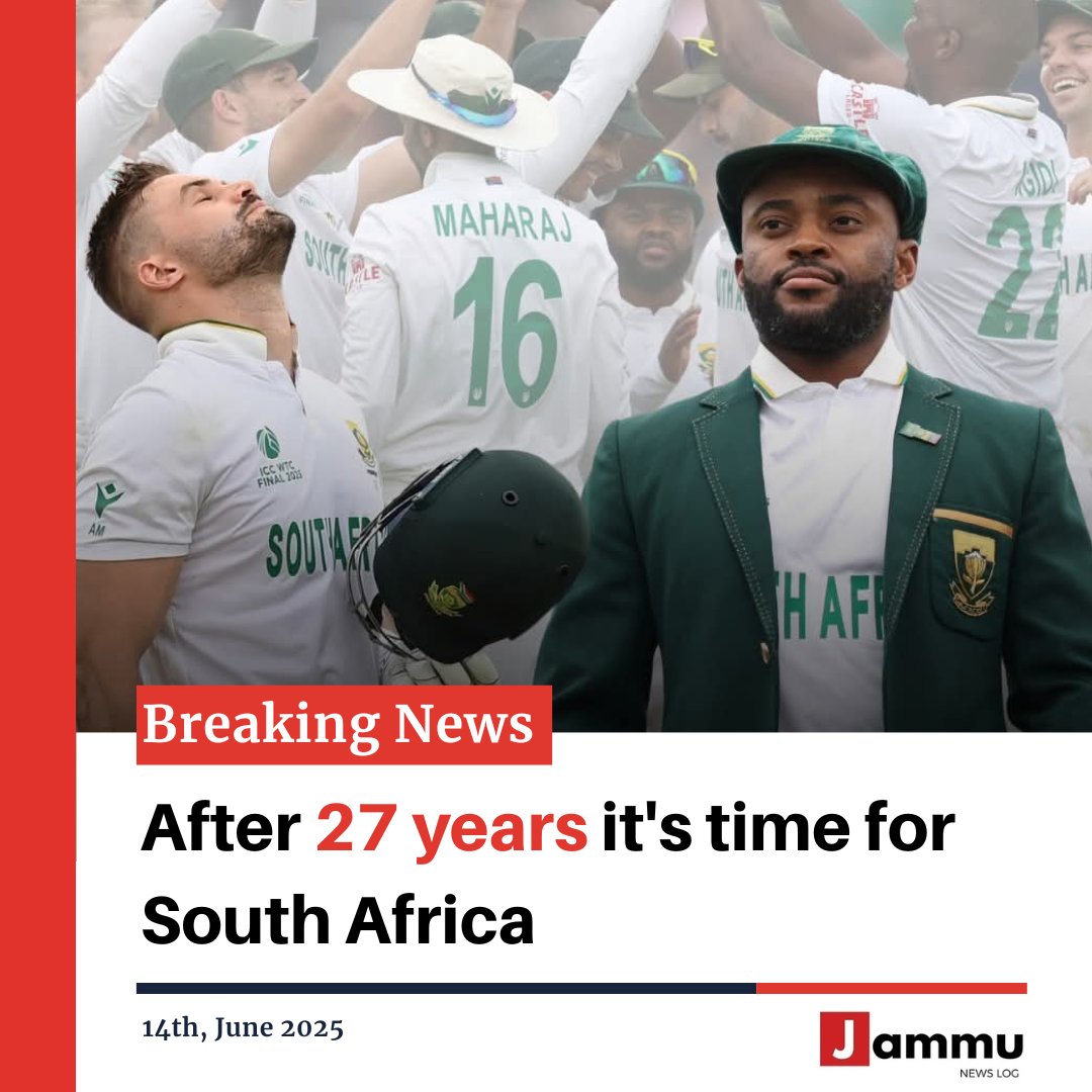 JammuNewsLog's tweet photo. After enduring eternal heartbreak and agony time and again in ICC knockouts, South Africa's moment in the sun finally arrived as they had the sweet taste of victory after 27 long years by beating Australia in the World Test Championship (WTC)final #SouthAfrica #SAvsAus #WTC #Test https://t.co/wc3ANx477n