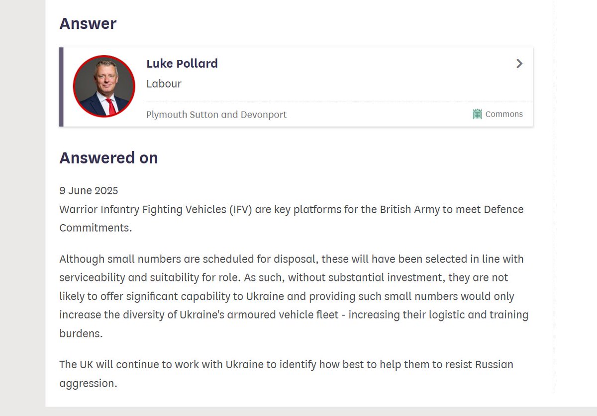 RossRitchie12's tweet photo. ‼️Written question response‼️

Another very disappointing response from the government. 273 Warriors have already been withdrawn from service. Hardly a "small" number.

Ukrainian units want Warrior. Scrapping them is unforgivable. 🇬🇧🇺🇦 #WarriorsForWarriors https://t.co/kL2CqSAe4d