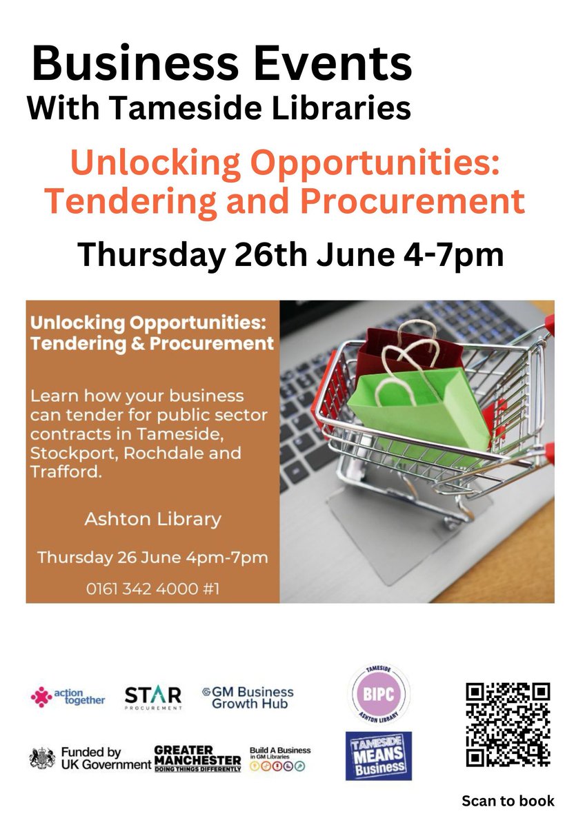 TamesideLibrary's tweet image. Tendering & Procurement event at Ashton Library on Thurs 26 June 4–7pm.
Tameside Talks Business, the @GMBusinessGrowthHub & Tameside’s Social Economy network bring you this session on how your business can tender for public sector contracts in Tameside.
TTB-Jun25-procurement.eventbrite.co.uk