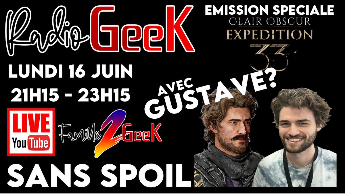 Lundi Soir 21h15 Gustave sera à la #RadioGEEK !!!
Léo Paris, VFX Artist <a href="/SandfallGames/">Sandfall Interactive - CO:E33 out now!</a> sera présent à nos côtés pr répondre à vos questions sur #ClairObscurExpedition33 en Mode Chill et 100% Good Vibes.
Bloquez vos agendas et aidez ns en partageant au MAX
youtu.be/X-K2WOA6CUg