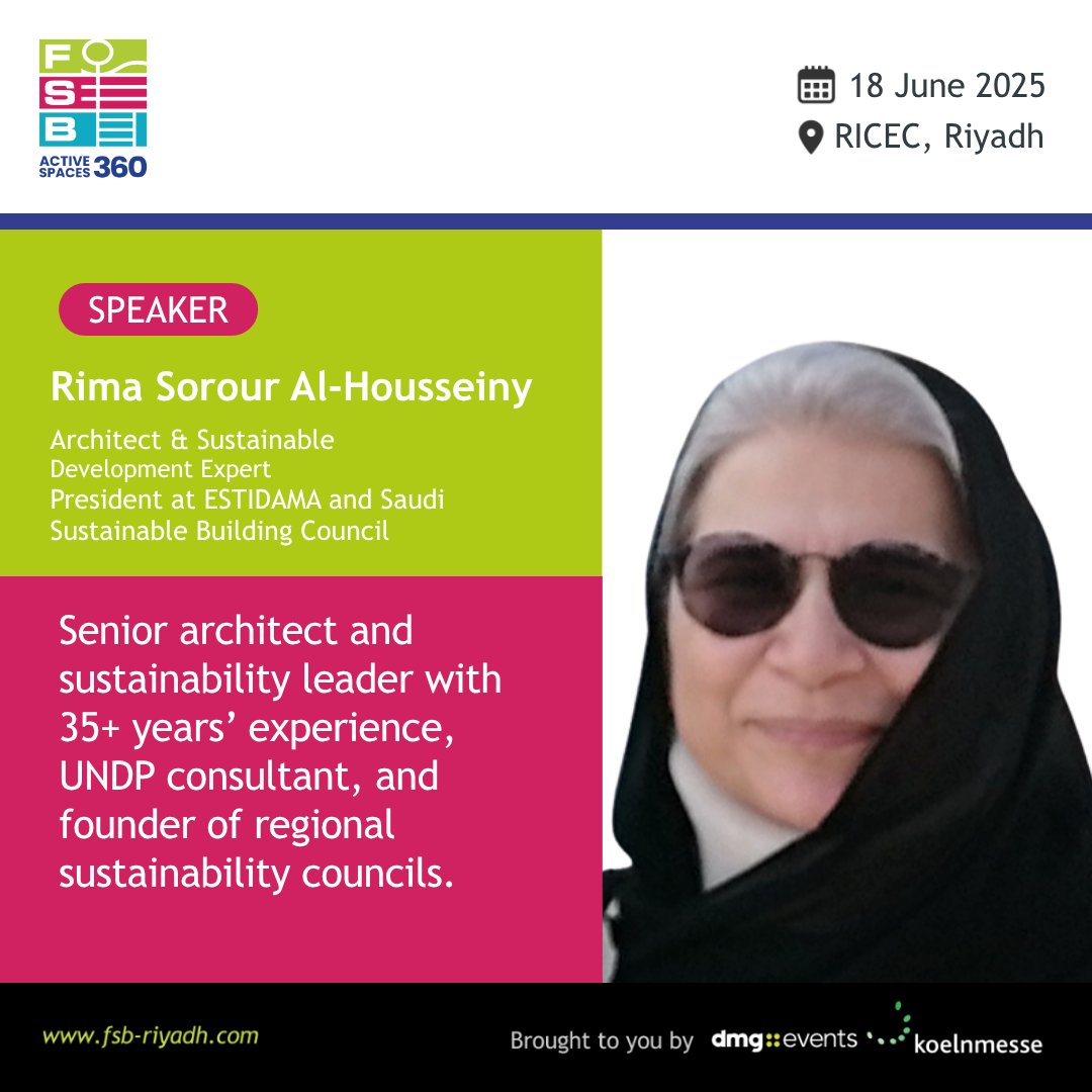 🚨We are excited to announce that Rima SOROUR will be speaking at ActiveSpaces 360, hosted at FSB Sports Show Riyadh – the leading event for sports and recreational infrastructure in the Kingdom! 🏟️

Attend her session on Greener goals: How sports and leisure drive sustainable