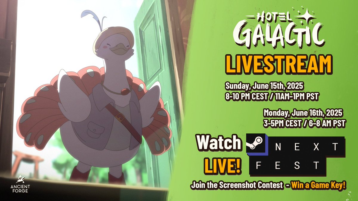 HotelGalactic's tweet image. Win one of the 5 Hotel Galactic keys for Steam! &lt;3
How to enter:
1️⃣ Play the demo
2️⃣ Post your best screenshot (or fanart, why not!) in the comments below with:
👉 #SteamNextFest + #HotelGalactic
3️⃣Post your contest entry before Tuesday, 10 AM CEST
Additional 2 keys to win on…