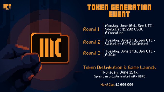 I’ve been keeping an eye on <a href="/SpyIncGame/">Spy Inc.</a> and it’s finally go time.
TGE kicks off Monday, June 16 at 6PM UTC.

Here’s how it’s rolling out:

Phase 1 — Whitelist
→ June 16, 6PM UTC
→ $1200 cap per wallet

Phase 2 — Whitelist FCFS
→ June 17, 6PM UTC
→ No cap, first come first