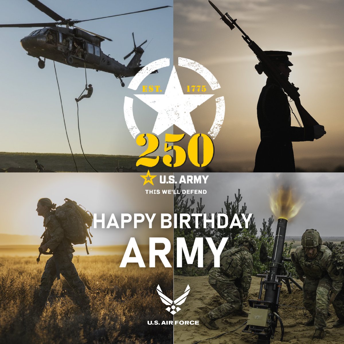 Happy 250th birthday to the <a href="/USArmy/">U.S. Army</a>! 250 looks amazing on you!

We're incredibly proud to serve alongside America's Soldiers in defense of our nation.

#Army250 #BeAllYouCanBe