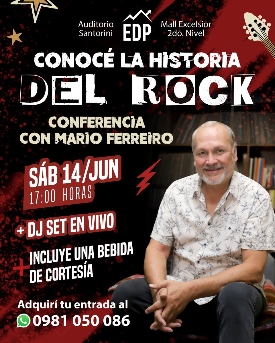 Esta tarde en el Café Auditorio Santorini, del Mall Excelsior vamos a recorrer toda la historia del Rock en una conferencia y luego escucharemos los mejores temas en vinilo 🎛️🎧💿 con @ferreiromario1. Vení a pasar un sábado diferente en el centro. Info y entradas
📱0981050086