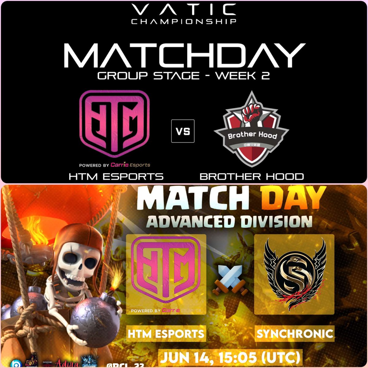 🟣 LIVEEEEEEEE!

Doble Duelazo para Hoy! 😍

🏆 VTC - GS - Semana 2
✅ HTM Esports 🆚 Brother Hood

🏆 PCL - SS - Ronda 1
✅ HTM Esports 🆚 Synchronic

TODO el MUNDO para DENTRO! ❤

📺 twitch.tv/style_coc