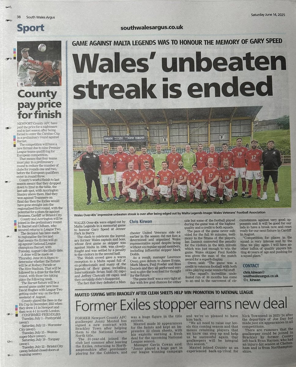 Another good article in today’s <a href="/southwalesargus/">South Wales Argus</a> covering Wales Vets Football ⚽️🏴󠁧󠁢󠁷󠁬󠁳󠁿