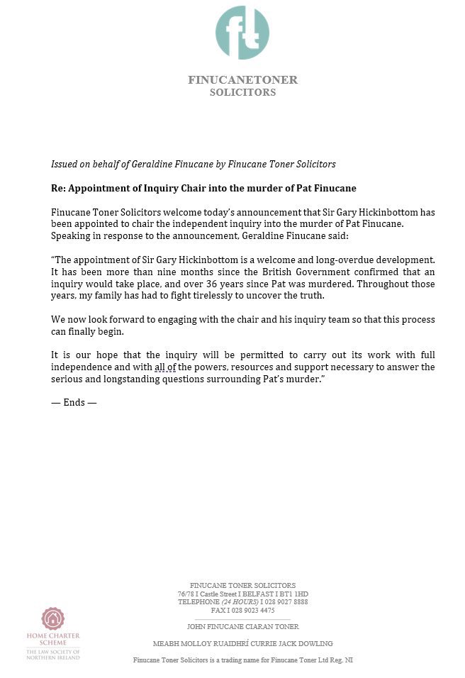 Statement from Geraldine Finucane re appointment of Inquiry Chair into the murder of Pat Finucane.
Issued by Finucane Toner Solicitors