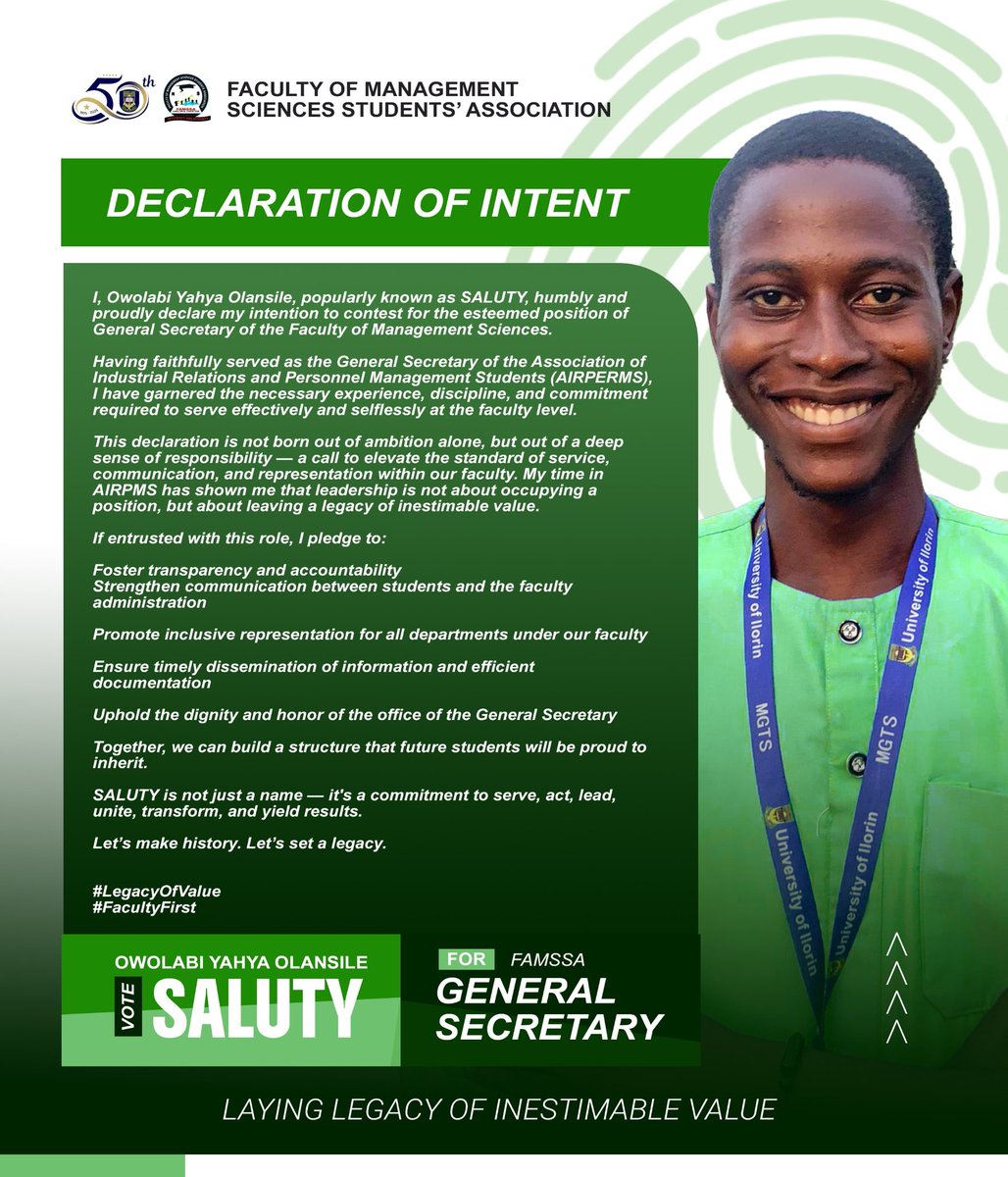 AdnaanAbu's tweet photo. @Famssa_unilorin Saluty is a man of action no be by chochocho.
He served as the GEN. SEC. of his department (IRPM) and I testify that he had a smooth administration.
Vote Saluty for Gen Sec. to have smooth administration
#LegacyOfValue
#FacultyFirst
#Saluty4GenSec
https://t.co/8jvyA6MEQz https://t.co/c0k915Ndai