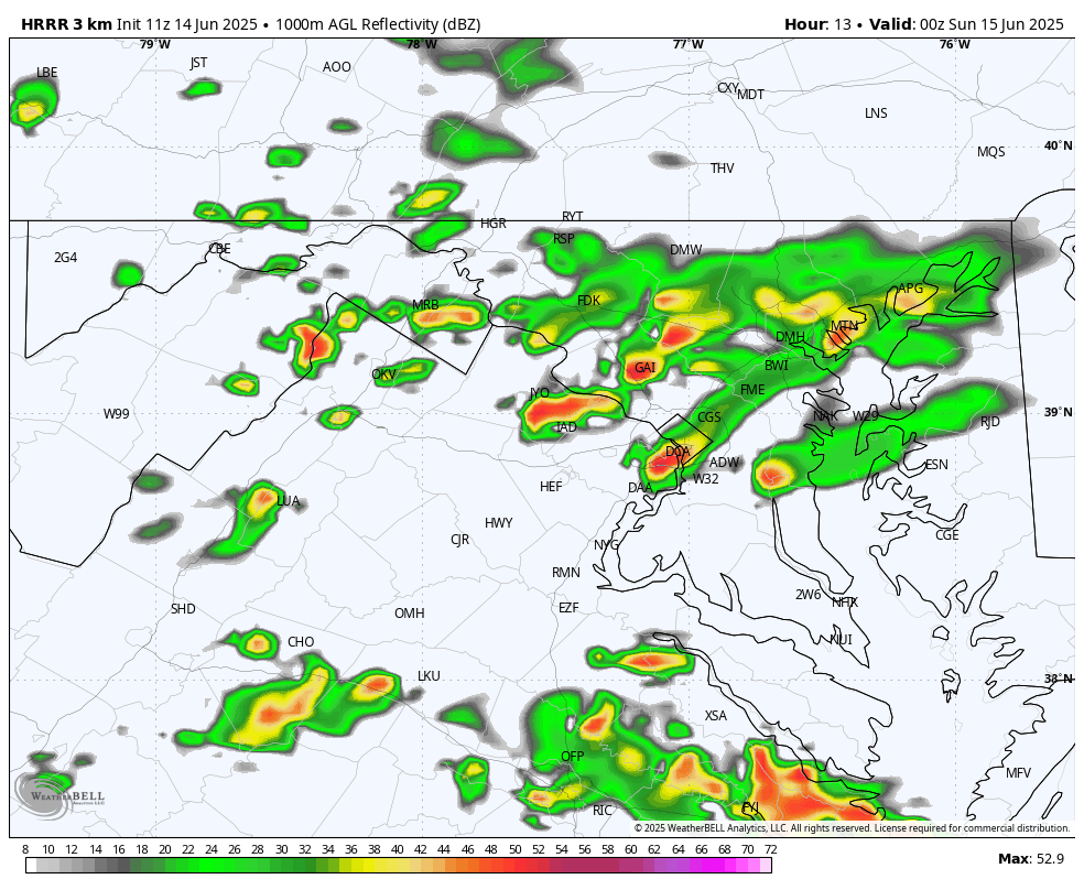 Storms will probably be numerous this evening in DC area. Heavy rain could cause flooding but too soon to know where the worst will occur.

This could cause disruptions for Army anniversary festivities.

Details: washingtonpost.com/weather/2025/0…

Pictured: forecast radar at 8p.