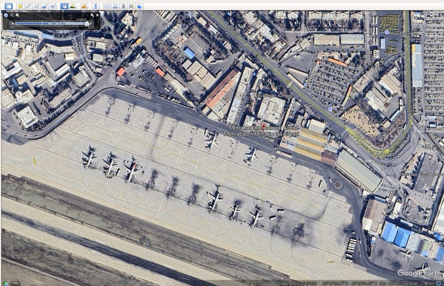 Alleged satellite images of damage to Tehran's Mehrabad Airport, which was targeted by Israel last night, are being shared.

But these images are simply screenshots of the airport from Google Earth, which its historical imagery feature confirms are from February, not now.
