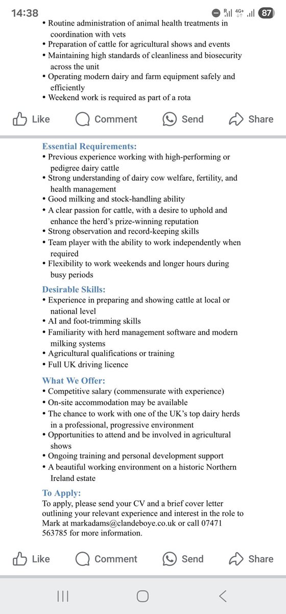 Excellent opportunity for the right person at clandeboye estate #mustlovecows #grasstomilk #teamdairy