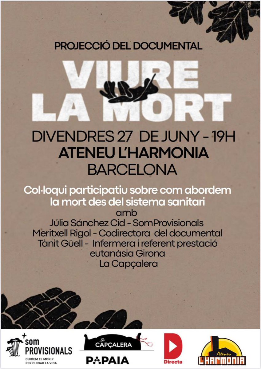 VIURE LA MORT | Projecció documental + col·loqui
Què és per tu la vida? Com voldries morir? Com condiciona el sistema sanitari i funerari els nostres comiats?

📅 Divendres 27 juny, 19h 📍 Ateneu L'Harmonia, Sant Andreu

🎞️ Tràiler: youtube.com/watch?v=RnSfhF…

Us hi esperem!