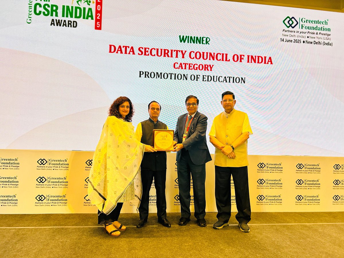 DSCI_Connect's tweet photo. DSCI at the 11th #GreentechFoundation CSR India Summit & Awards for #CSRinCybersecurity initiatives.
We are honoured to be declared the winner in two categories for our impactful cybersecurity CSR initiatives:
#CyberforYOUth, under Promotion of Education
#CyberShikshaa, under Gender Equality & Empowering Women
These recognitions celebrate our commitment to nurturing cyber awareness and empowering communities through inclusive skilling and education in cybersecurity.
As part of the summit, Smriti Bali, Senior Director, Finance & Company Secretary, DSCI shared her perspectives during the panel discussion on “CSR Challenges and the Way Forward.” She highlighted the importance of prioritising long-term impact over short-term objectives and emphasized the role of community engagement in building effective CSR frameworks.
@godvinayak