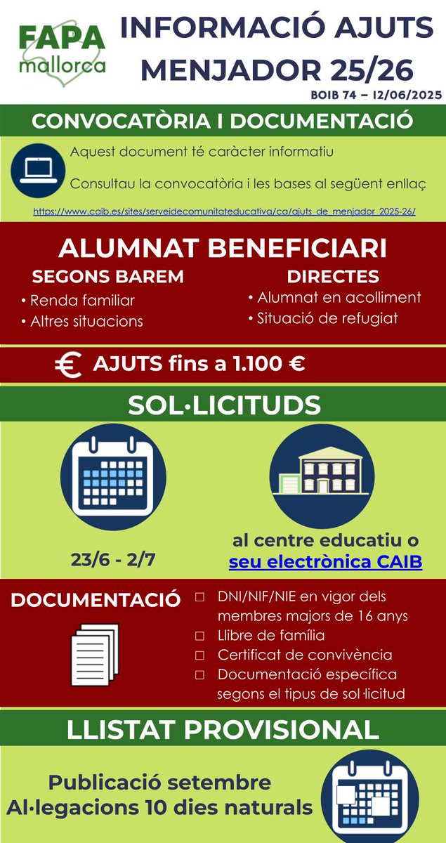🍽Ajuts de menjador per al curs 25/26.
📅Sol·licituds de 23/6 a 2/7
📢Per ajudar a fer tota la difusió possible d’aquests ajuts entre les famílies publicam aquest resum de les bases en vàries llengües.
Trobau més informació i els cartells a la nostra web 
fapamallorca.org/ajuts-menjador…