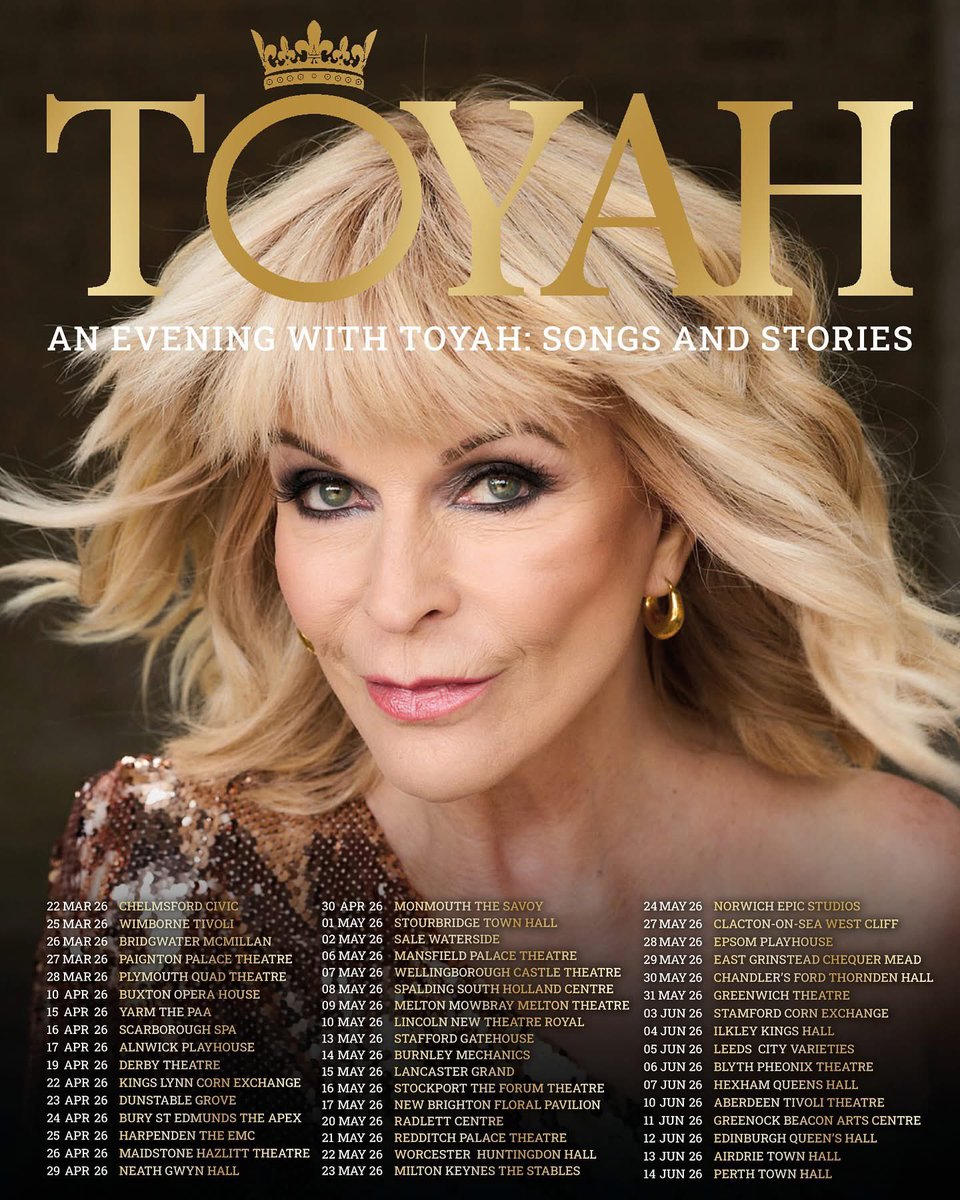 I’m thrilled to be touring  in 2026. It’s a chance for me to look back on my journey, share stories &amp; connect with audiences across the country in a special way. I can’t wait to hit the road + bring this show to you all. Tickets onsale now. Toyah xx
awaywithmedia.com/tours/toyah
