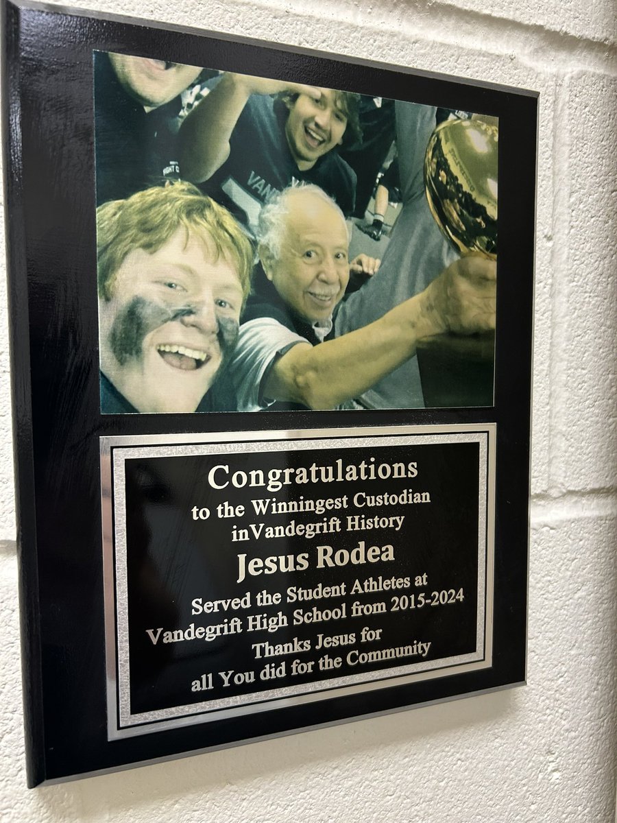 We finally hung our plaque to honor our all time winningest custodian Jesus Rodea. This pic was after a big playoff win.  Jesus was always the biggest Viper fan 🐍 
Thanks for all you did for the Vipers!
Our next custodian had a really high bar to reach! 
<a href="/LeanderISD/">Leander ISD</a>