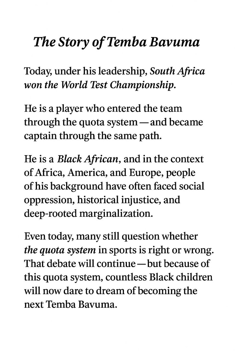 Rushidwarke123's tweet photo. Congratulations @ProteasMenCSA @TembaBavuma @AidenMarkram @KagisoRabada25

I truly hope that in every Black African home, children like Rabada and Bavuma are born — and they grow up to make South Africa even prouder. 🏆

#WtcFinal2025 #SouthAfrica #TembaBavuma https://t.co/loUv1np4hL