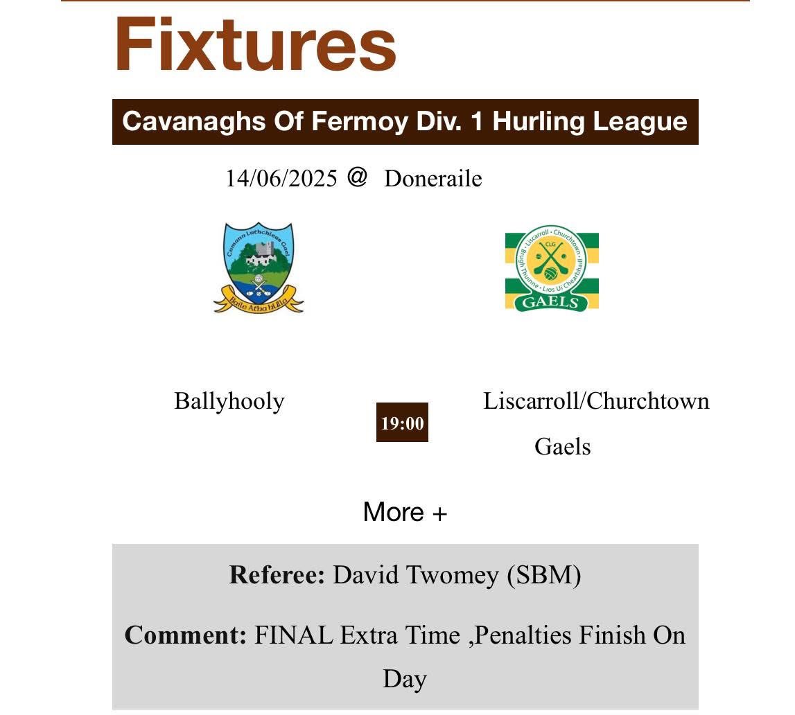 Avondhu GAA (@avondhugaa) on Twitter photo The <a href="/CavFermoy/">Cavanaghs of Fermoy</a> Div1 HL Final takes place this eve in <a href="/Runaibngdonerai/">Doneraile GAA</a> with <a href="/BallyhoolyG/">Ballyhooly GAA</a> v <a href="/LCGaelsGAA/">Liscarroll Churchtown Gaels</a> at 7. The <a href="/CavFermoy/">Cavanaghs of Fermoy</a> Div1 HL Final takes place this eve in <a href="/Runaibngdonerai/">Doneraile GAA</a> with <a href="/BallyhoolyG/">Ballyhooly GAA</a> v <a href="/LCGaelsGAA/">Liscarroll Churchtown Gaels</a> at 7.