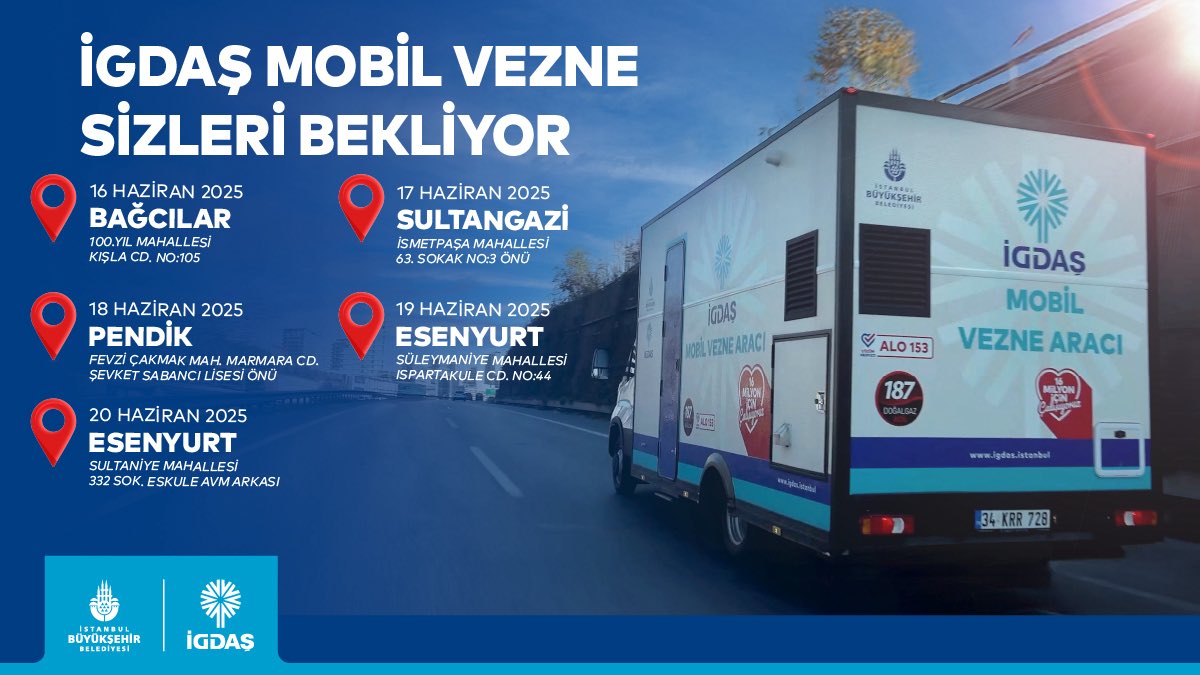 İGDAŞ Mobil Vezne hizmetinizde!

Fatura ödeme ve danışmanlık hizmetleri için Mobil Vezne aracımız İstanbul’un 39 ilçesinde🚐

📍 Size en yakın noktayı, haftalık olarak güncellenen web sitemizden takip edebilirsiniz: igdas.com.tr/haberler-ve-du…