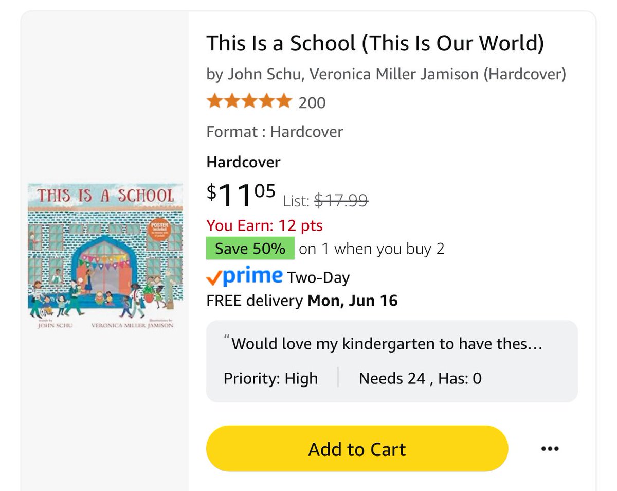 For the last 2 years I’ve been blessed with copies from people of “This is a School” by <a href="/MrSchuReads/">John Schu</a> for my kindergarten! They love this book! I’m going to try again! If anyone would like to help they are on sale! amazon.com/hz/wishlist/ls…