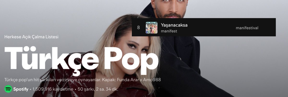 Yaşanacaksa, Spotify Türkiye'nin en büyük çalma listelerinden biri olan 1,5M kaydetmeli "Türkçe Pop" listesinde #8. sırada yer alıyor! 💙