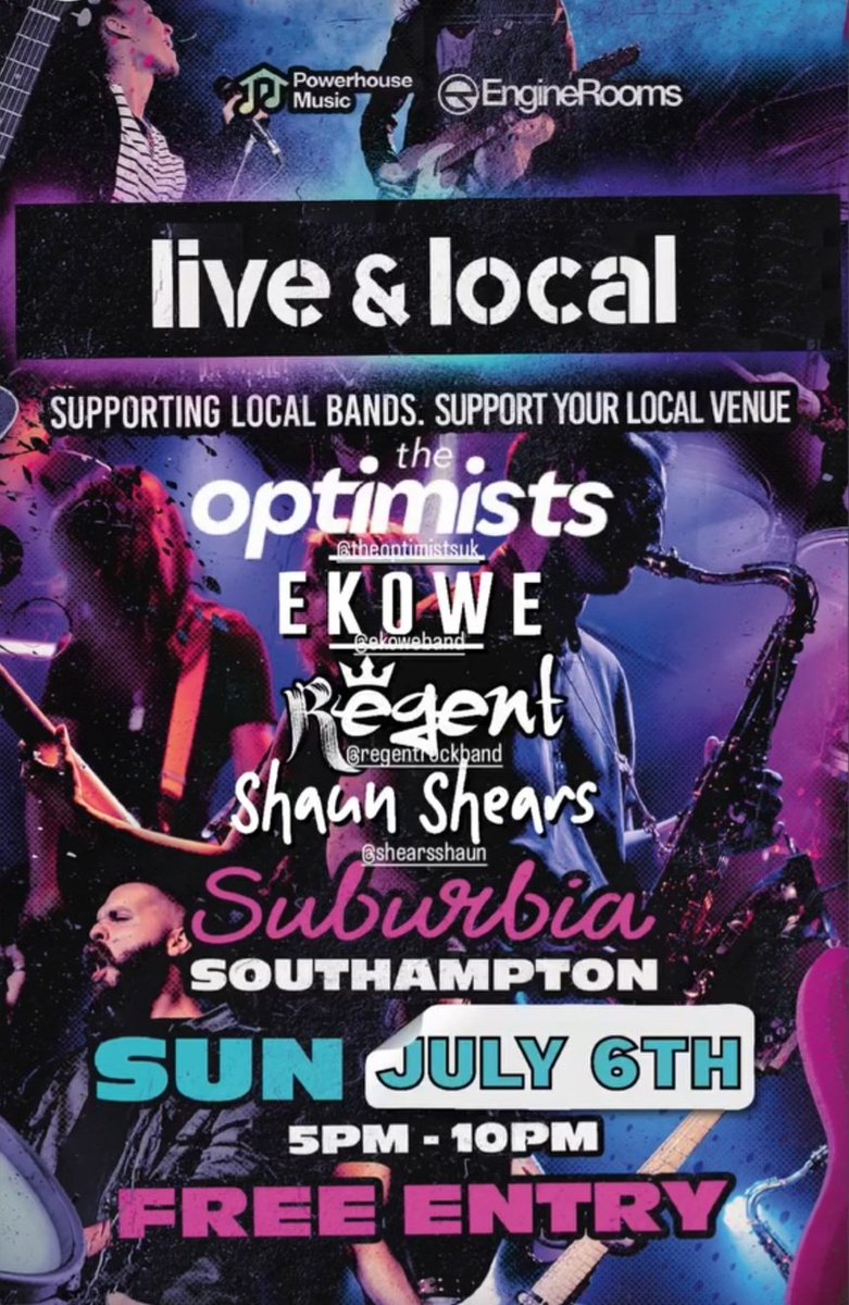 On Saturday 6th July we play HMV Live and local at Surburbia in Southampton...
Tickets 🎟 are free but have to be downloaded from here-

suburbiasouthampton.co.uk/events/live-lo…
