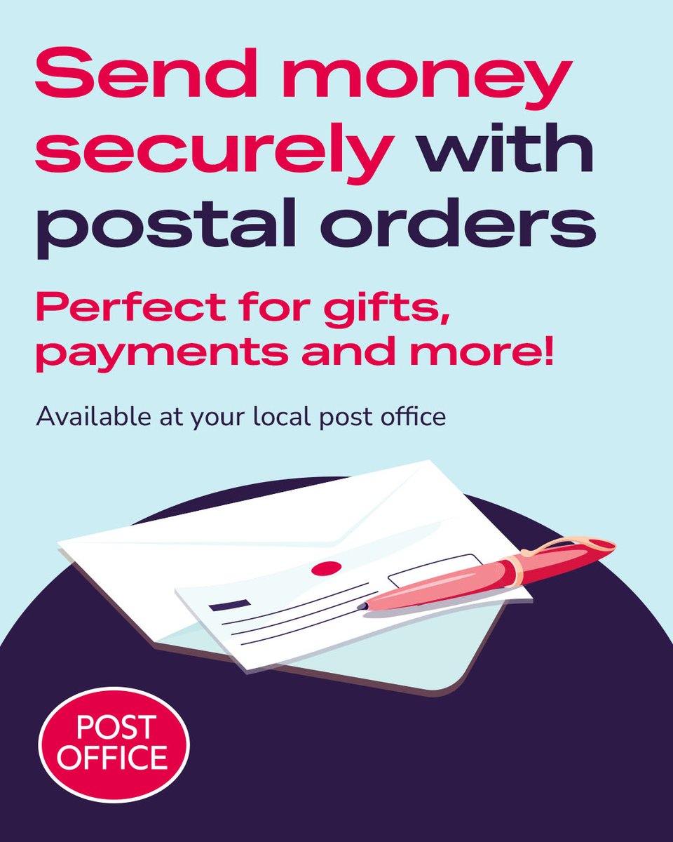 OldfieldPO's tweet photo. Postal orders are a way to send money to someone, as a gift or payment. They look and work a lot like cheques, but you don’t need a bank account to use them.

Pop into our branch to send one! 💸 https://t.co/Bts8LvgW1s