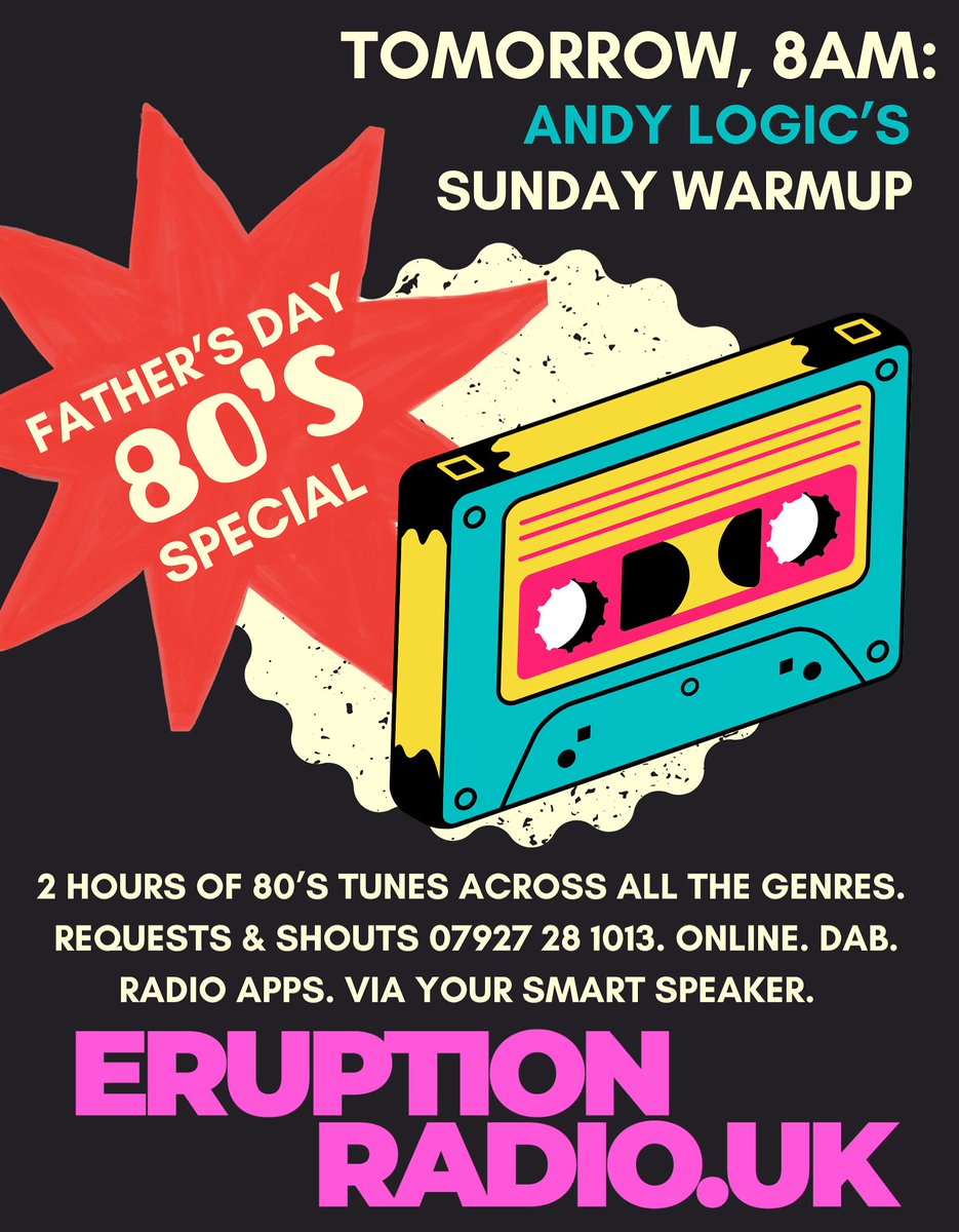 Andy Logic (@andymrlogic) on Twitter photo Father’s Day 80s Special tomorrow on <a href="/eruptionradiouk/">Eruption Radio</a>. Get locked in from 8am for some feelgood vibes. All the usual classic electronica, soul and a sprinkling of pop as we do every 6-8 weeks on a Sunday. On all the usual platforms - learn more at eruptionradio.uk Father’s Day 80s Special tomorrow on <a href="/eruptionradiouk/">Eruption Radio</a>. Get locked in from 8am for some feelgood vibes. All the usual classic electronica, soul and a sprinkling of pop as we do every 6-8 weeks on a Sunday. On all the usual platforms - learn more at eruptionradio.uk