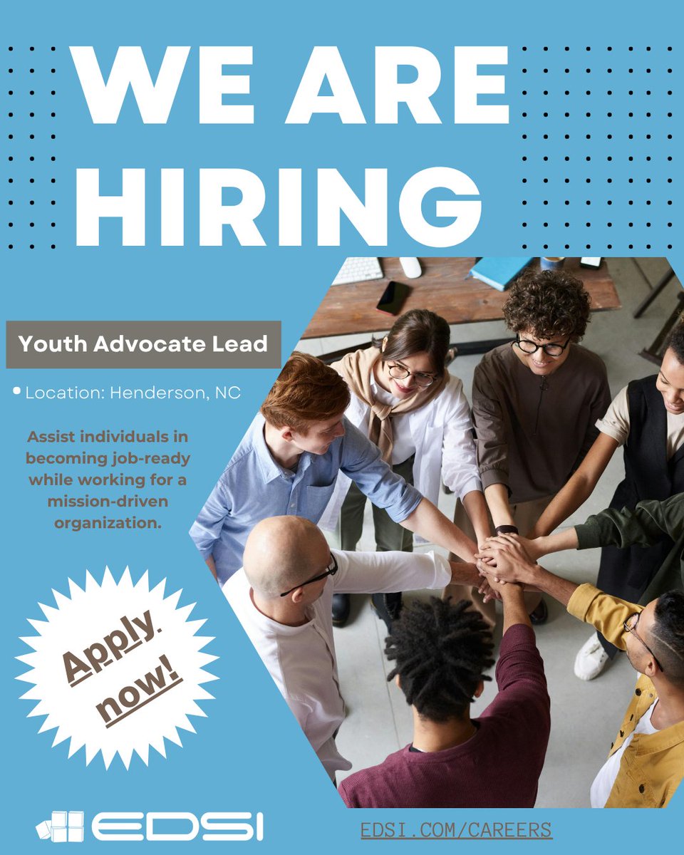 📍 Now hiring in Henderson, NC!
We’re looking for a Youth Advocate Lead to help guide and empower young people on their path to success. 👉 Visit our Careers page to apply or share with someone who'd be a great fit:
careers-edsisolutions.icims.com/.../youth.../j…
#NCjobs #YouthAdvocateLead