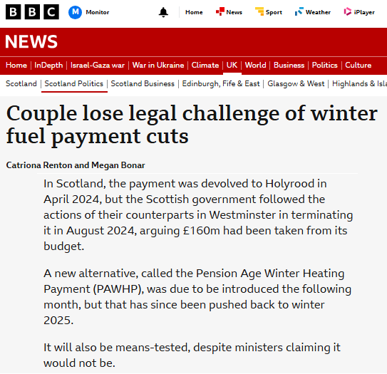 msm_monitor's tweet photo. This is misleading from Catriona Renton & Megan Bonar. The process of devolving the power to Holyrood was temporarily suspended when Labour cut the benefit. No Scottish system could be introduced as there was no funding for it. The new Scottish system isn't means tested. All pensioners will receive £100. Pensioners on qualifying benefits will receive £203 or £305 depending on age.