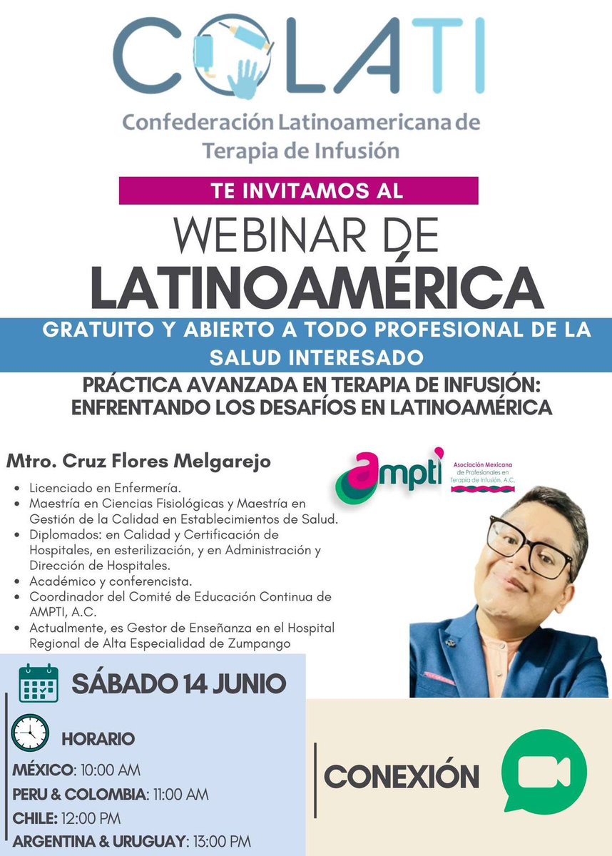 ¡TENEMOS UNA CITA HOY! ✨

Le invitamos a registrarse en un seminario web de COLATI.

Tema:  Práctica Avanzada en Terapia de Infusión: Enfrentando los Desafíos en Latinoamérica.

Regístrese con antelación en este seminario web:
us06web.zoom.us/webinar/regist…