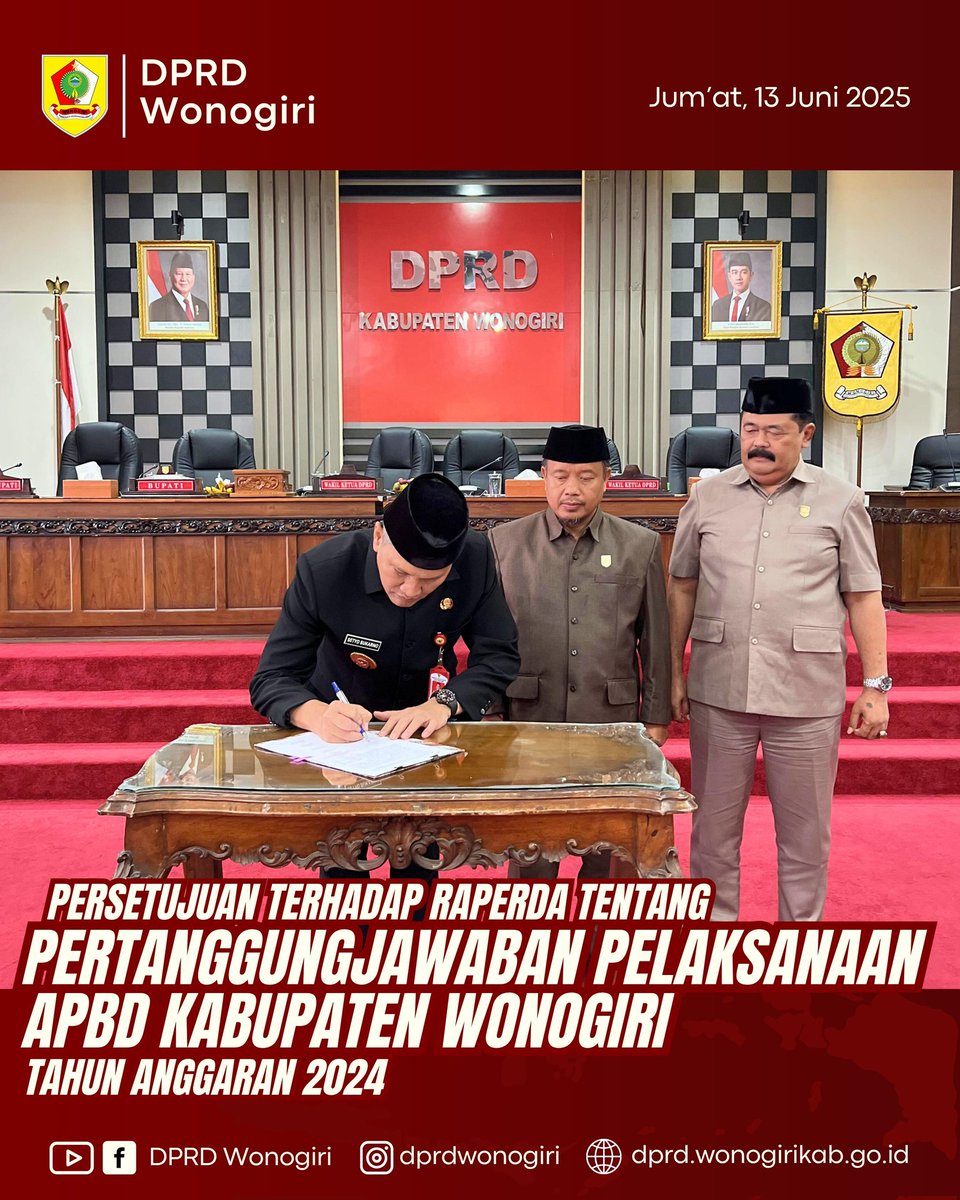 Jum'at, 13 Juni 2025, telah dilaksanakan Rapat Paripurna DPRD dengan acara Persetujuan terhadap Raperda tentang Pertanggungjawaban Pelaksanaan APBD Kab. Wonogiri Tahun Anggaran 2024 untuk dievaluasi Gubernur Jawa Tengah.