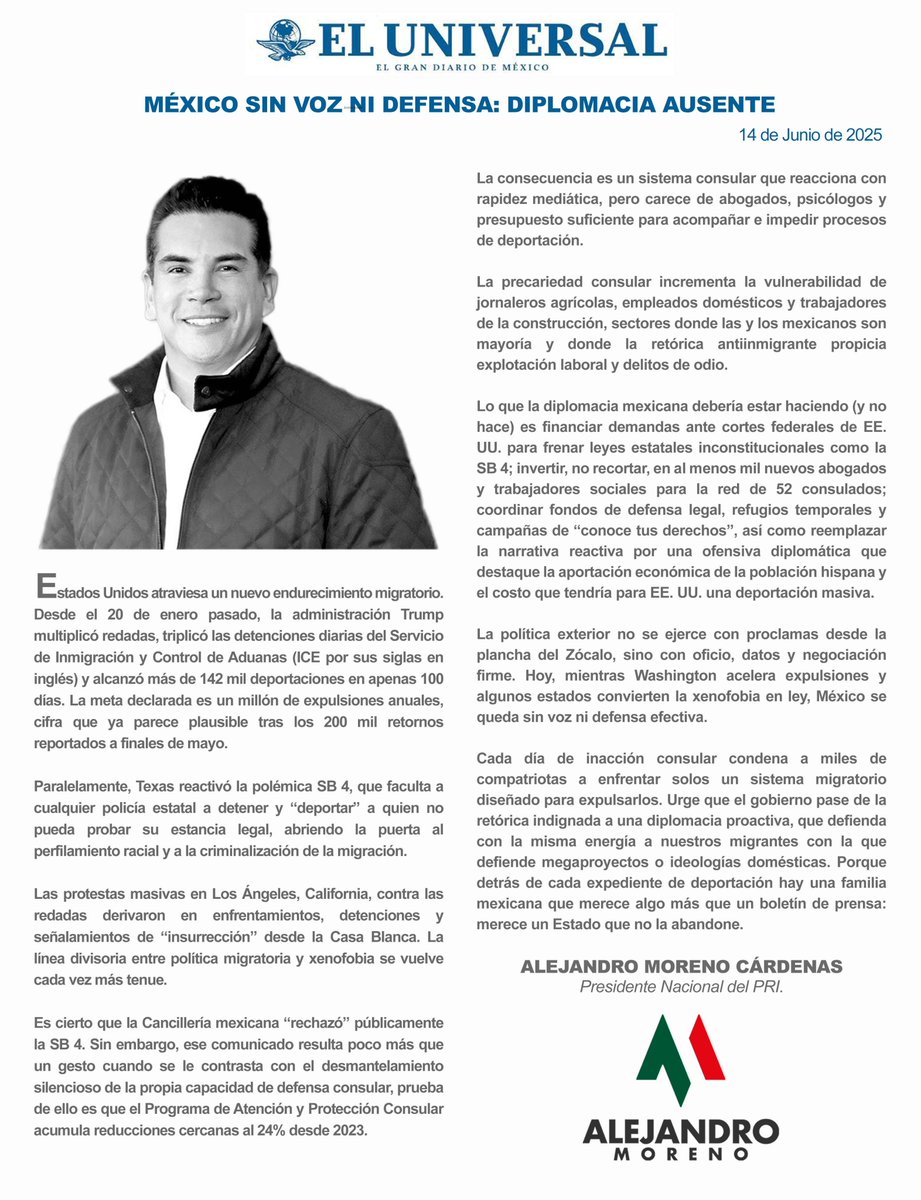 La política exterior no se ejerce con proclamas desde la plancha del Zócalo, sino con oficio, datos y negociación firme. Hoy, mientras Washington acelera expulsiones y algunos estados convierten la xenofobia en ley, México se queda sin voz ni defensa efectiva.

Les comparto mi