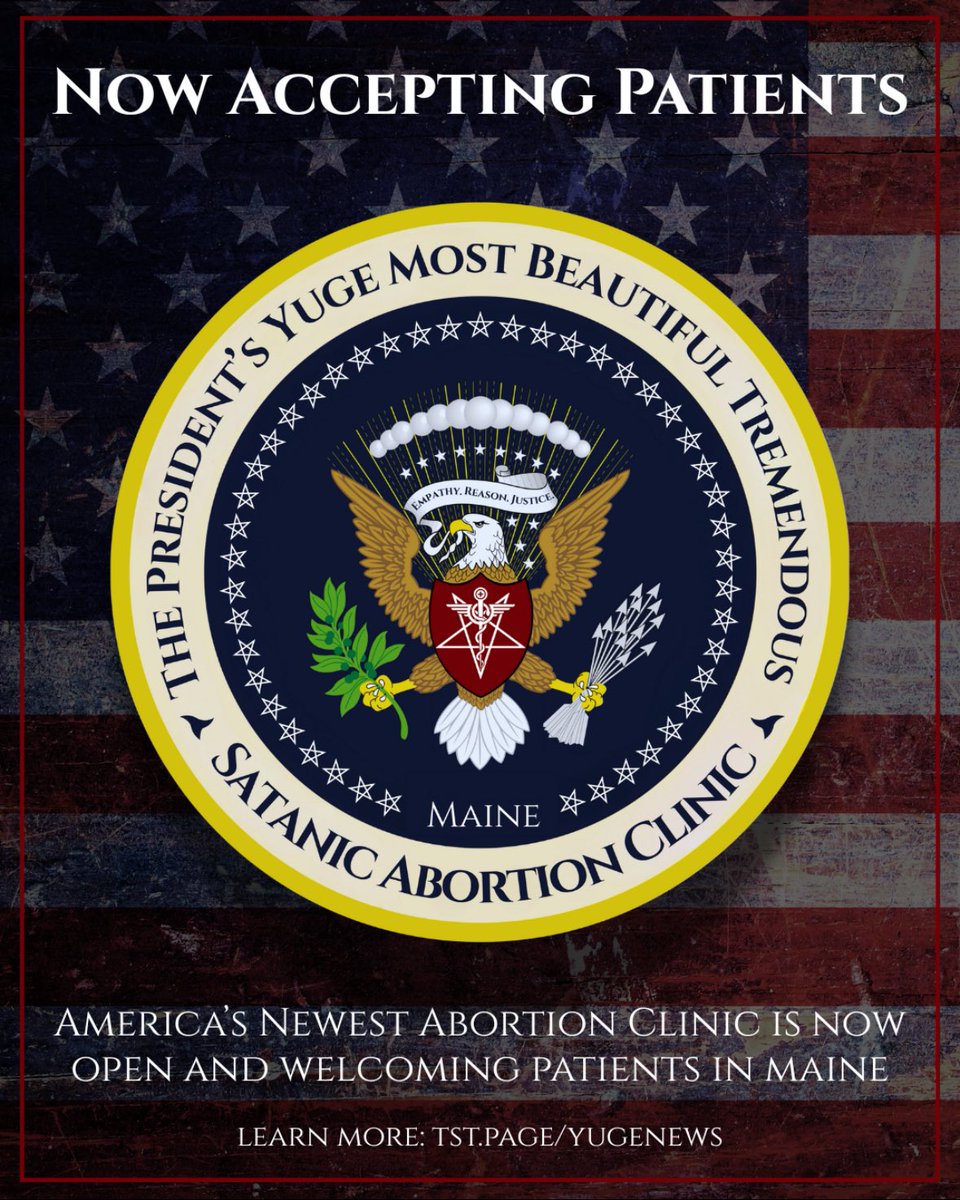 satanic_temple_'s tweet image. The President’s Yuge Most Beautiful Satanic Abortion Clinic is now open and welcoming patients in Maine.
Learn more: TST.page/yugenews
Access our free healthcare services: TSThealth.org