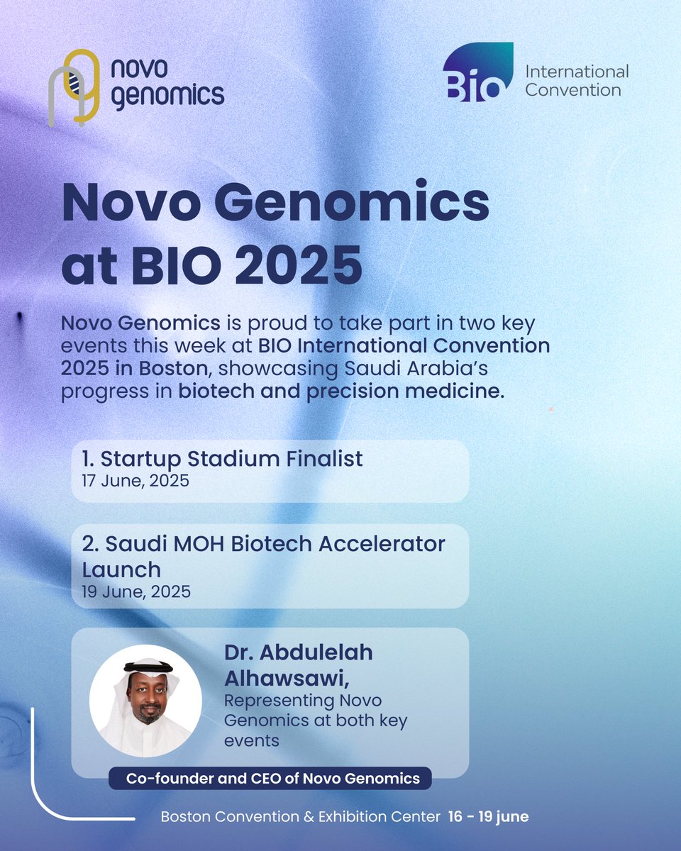 🇸🇦 نوفو جينومكس على الساحة العالمية في BIO 2025

نفخر بالإعلان عن مشاركة نوفو جينومكس هذا الأسبوع في حدثين بارزين خلال مؤتمر التقنية الحيوية العالمي لعام 2025 في مدينة بوسطن الأمريكية، وذلك لتسليط الضوء على الريادة المتنامية للمملكة العربية السعودية في مجالي التقنيات الحيوية