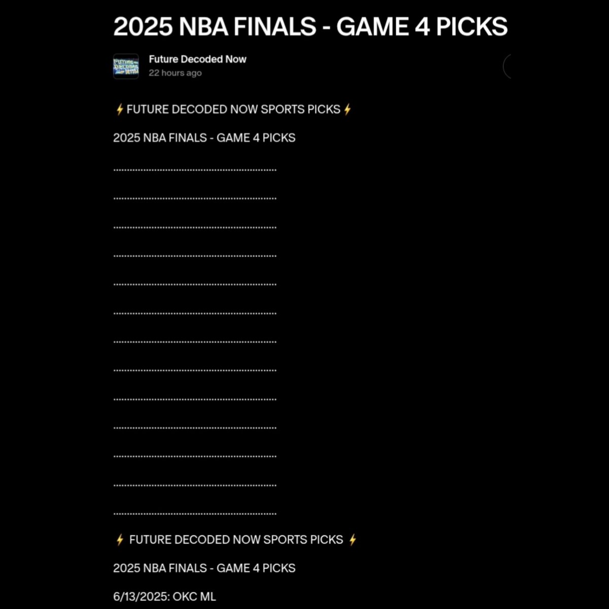 future_decoded's tweet image. ⚡

1 FOR 1 LAST NIGHT IN THE #NBAFinals ! 🔥

AS THE #THUNDERUP WIN AS PREDICTED ! 🔮

WE&apos;RE NOW 37 OF 40 IN THESE NBA PLAYOFFS! (92% HITRATE)🔥🔥🔥

BEST STRETCH WE&apos;VE EVER HAD !!!!! 🔥🔥🔥🔥🔥💪💰

#SPORTSPICKS #NBABETTING #GAMBLINGX #NBAX #Indiana #Indy #OKC #Thunder #yescers