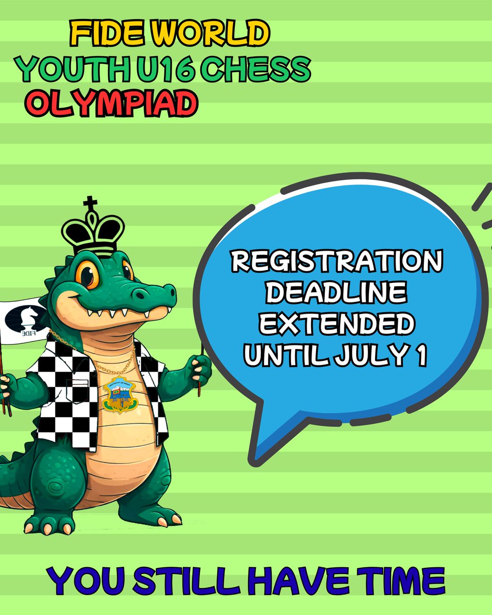 ♟️ ¡Buenas noticias para todas las Federaciones Internacionales de Ajedrez! 🌍

Se extiende el plazo de inscripción para participar en la Olimpíada Mundial Sub-16, que se celebrará en Barranquilla, Colombia, del 16 al 23 de agosto de 2025. 🇨🇴✨