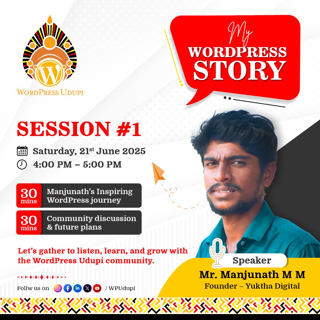 It’s the first session of our MY WORDPRESS STORY SERIES!

You are cordially invited to join <a href="/Manjunathmaaglu/">Manjunath maaglu</a>, Founder, YUKTJA DIGITAL as he shares his inspiring WordPress journey.

Please confirm your participation by registering here: meetup.com/wpudupi/events…

#WPUdupi #WordPress