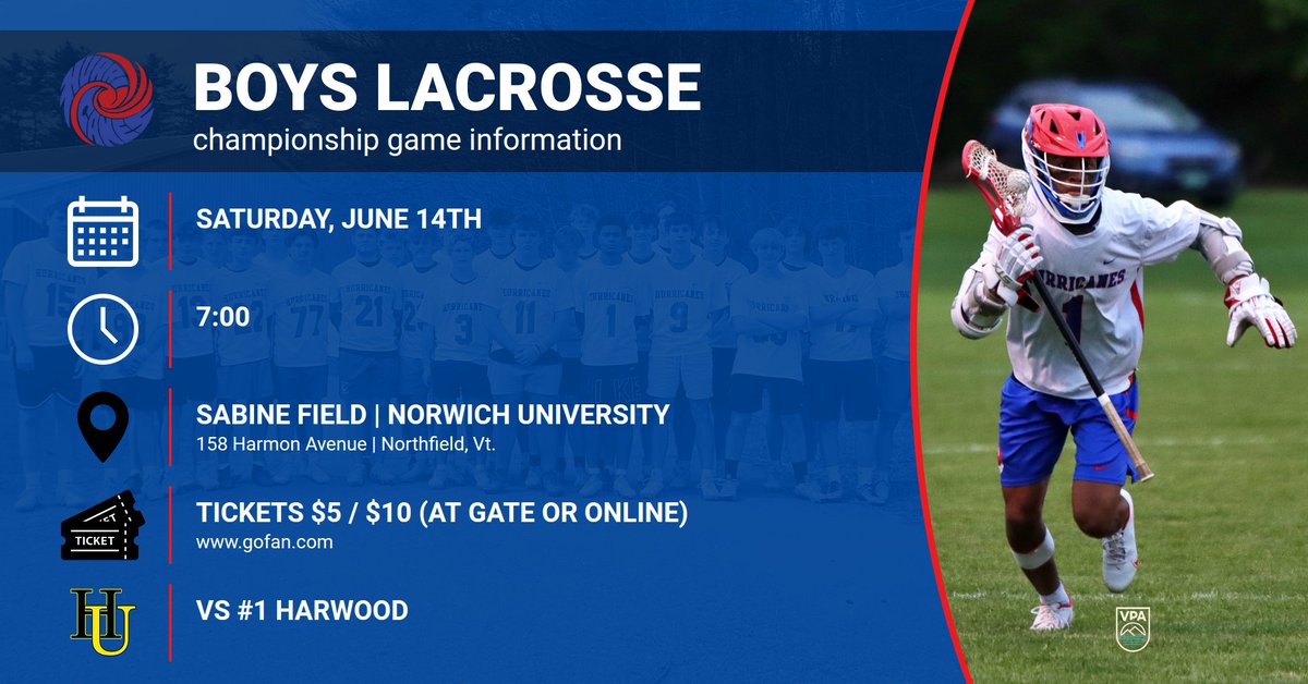 Info for the boys lacrosse title game at 7:00 this evening at Norwich University.  Good luck boys!!!