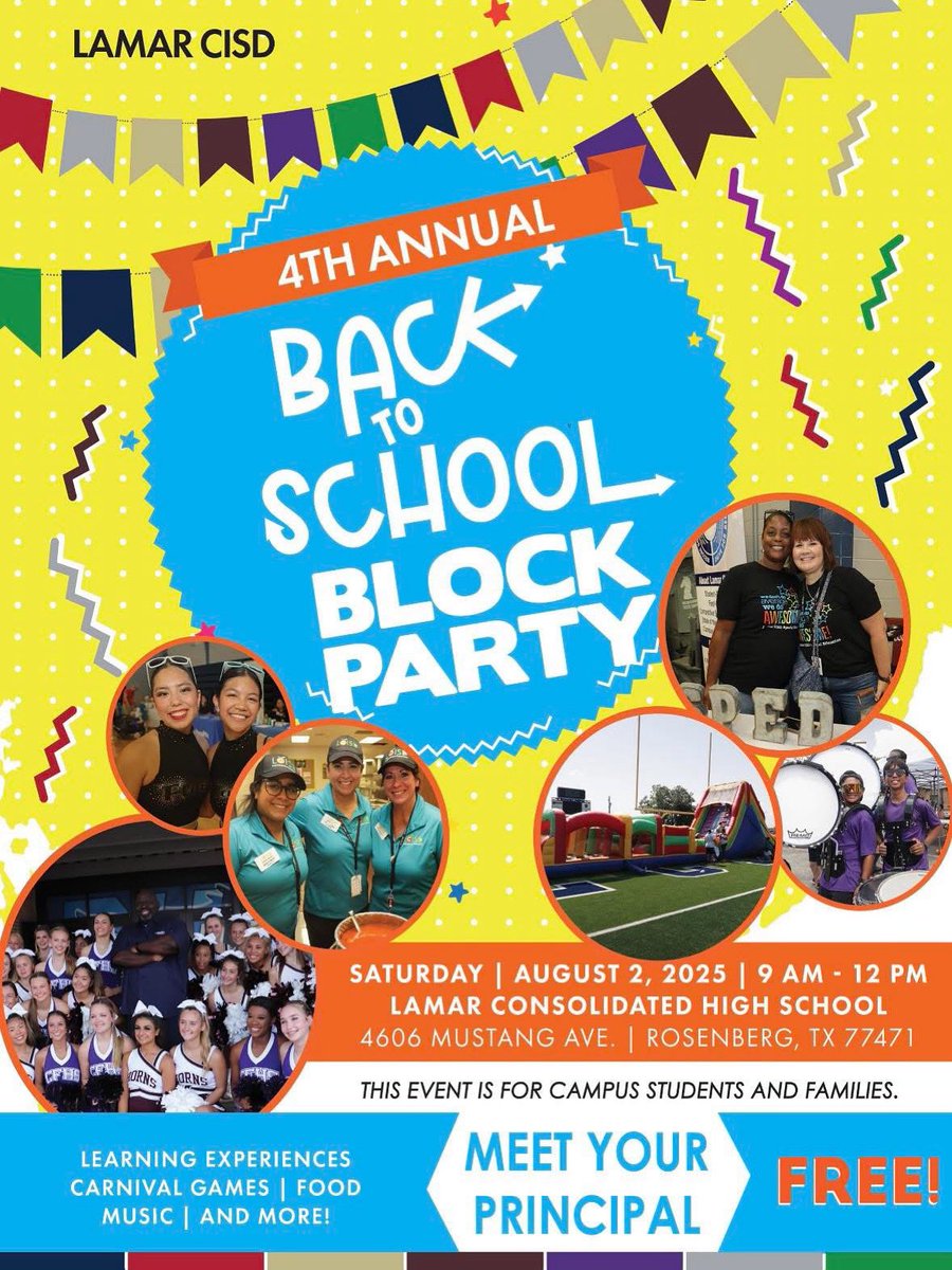 THELamarCHS's tweet image. 4th Annual Back-to-School Block Party.
π
Sat, Aug 2 | 9 AM β 12 PM
π Lamar Consolidated HS