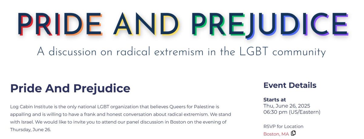 Log Cabin Republicans of Greater Boston (@logcabingb) on Twitter photo The Log Cabin Institute is the only LGBT organization that believes "Queers for Palestine" is appalling & is willing to have an honest conversation about radical extremism. Join us & <a href="/LogCabinGOP/">Log Cabin Republicans</a> on June 26th in Boston! #mapoli events.logcabin.org/events/lci-bos… The Log Cabin Institute is the only LGBT organization that believes "Queers for Palestine" is appalling & is willing to have an honest conversation about radical extremism. Join us & <a href="/LogCabinGOP/">Log Cabin Republicans</a> on June 26th in Boston! #mapoli events.logcabin.org/events/lci-bos…