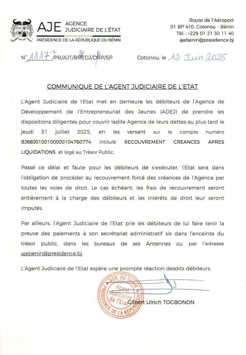 actualites229's tweet photo. 🇧🇯 Les débiteurs de l'Agence de Développement de l'Entrepreneuriat des Jeunes (#ADEJ) sont invités à prendre les dispositions diligentes pour couvrir l'Agence de leurs dettes au plus tard le Jeudi 31 juillet 2025.
Lire le communiqué de l'Agence judiciaire de l'État ⬇️ https://t.co/8v74kTOSOc