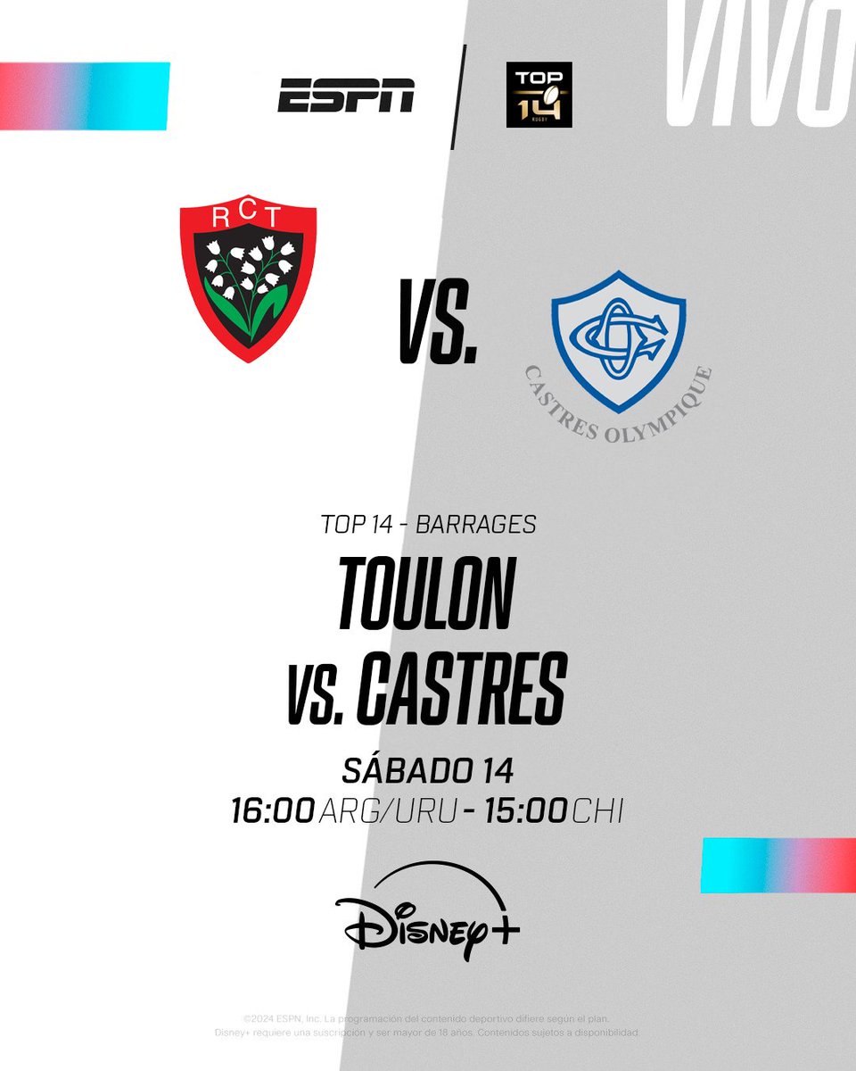 #TOP14 | Sábado 16:00 (ARG/URU) con <a href="/EuseGuinazu/">Euse Guiñazu</a> hacemos #Toulon vs #Castres por los Barrages del Rugby de Francia a través de #DisneyPlus! 🏉⭐